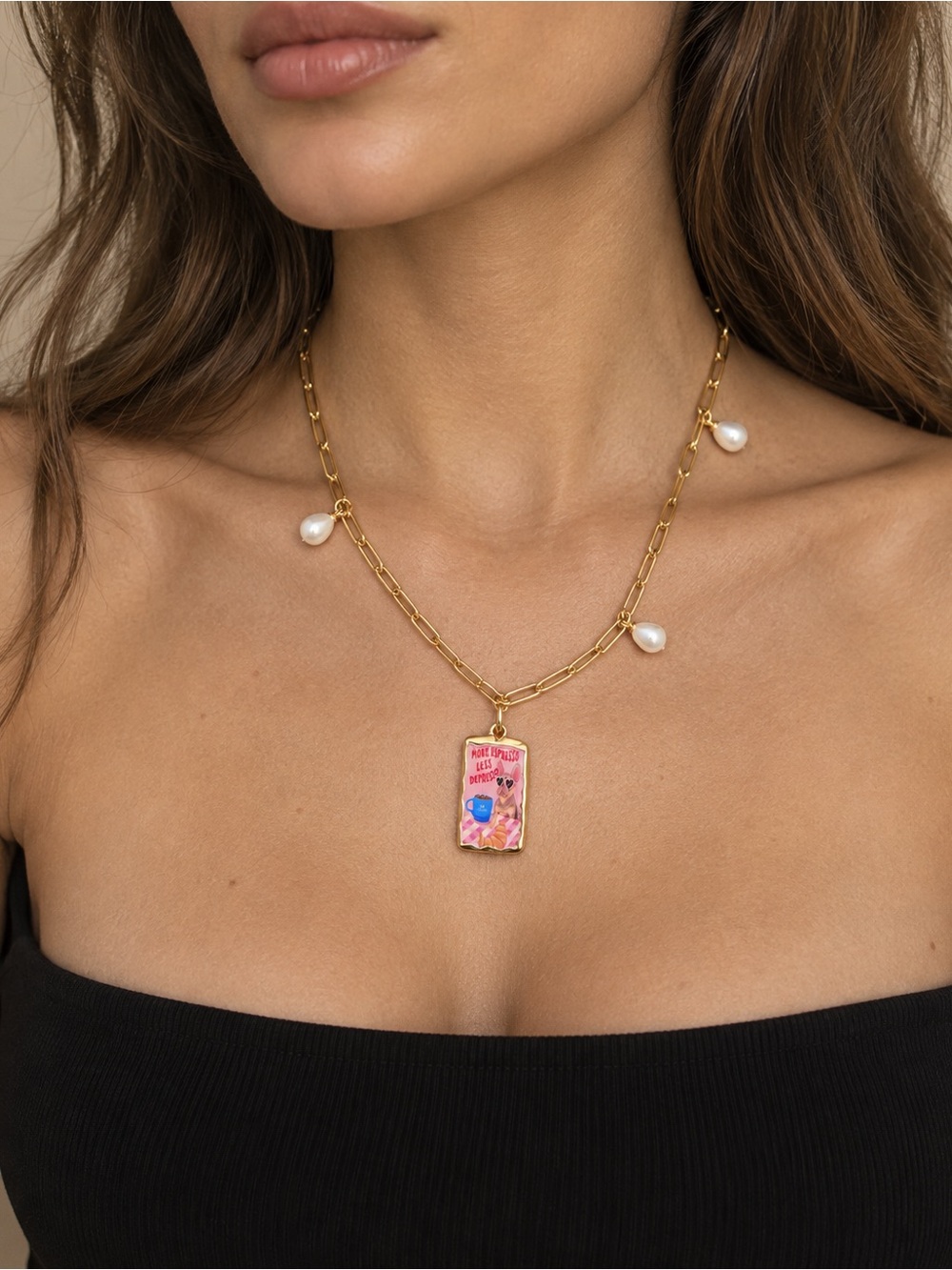 “The Carla” Handmade Paperclip Charm Necklace with Pink Enamel Pendant